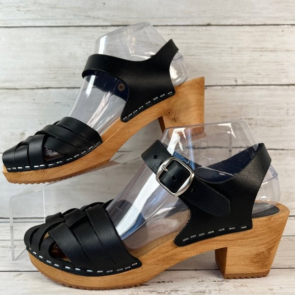MIA Bety Sandals Womens 9M Black Leather Peep Toe Wooden Clogs Woven Adjustable - Picture 2 of 11